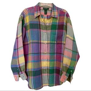 Lauren Ralph Lauren | Spring Plaid Button Down Pink Aqua Green Linen Shirt